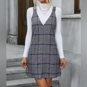 Grey French Plaid Print Overall Dress